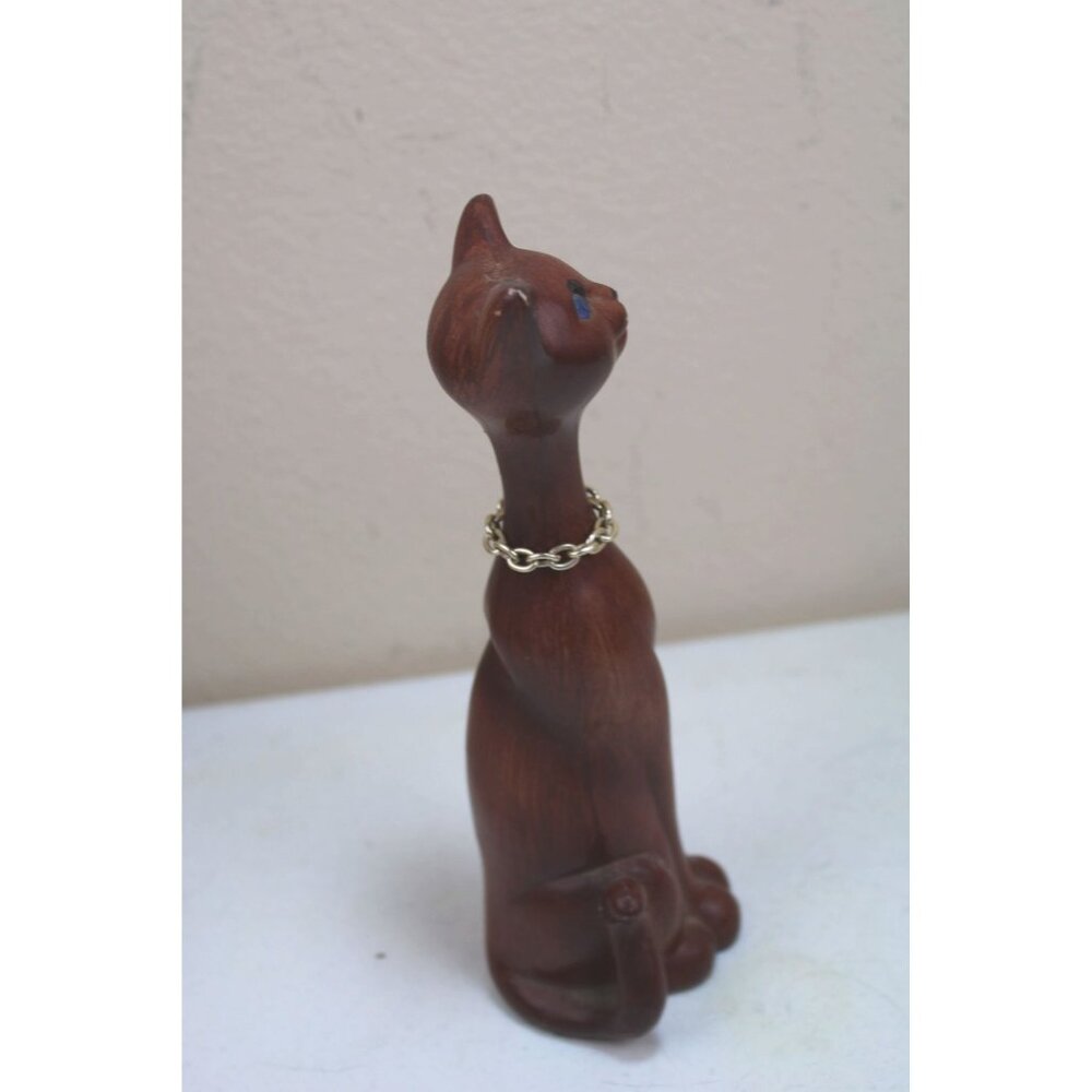 MCM Cat Figurine Elegonated Skinny Slim Faux Wood Blue Rhinestone Eyes 92165 - Picture 3 of 10